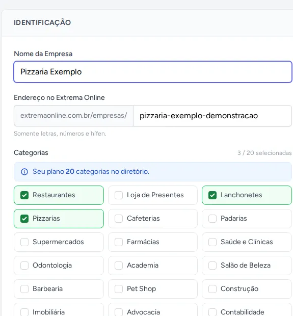 Escolha das categorias da empresa no painel