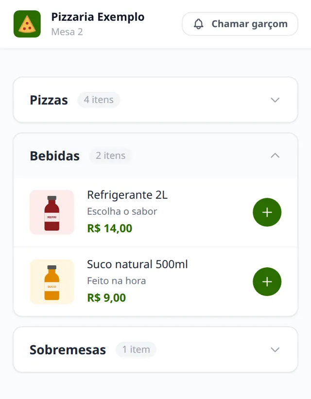 Cardápio da mesa no celular com o botão Chamar garçom