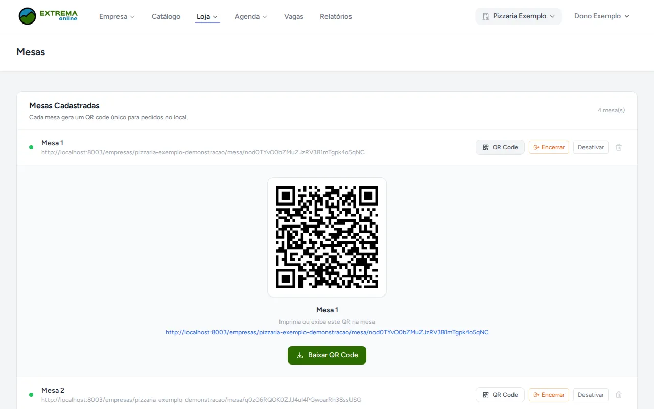Mesas cadastradas com QR Code para baixar
