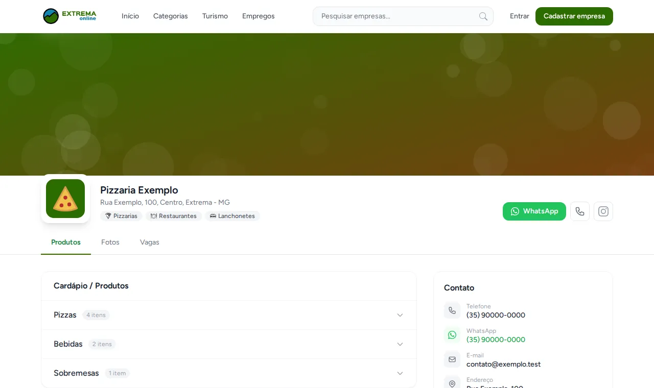 Página de uma empresa no Extrema Online